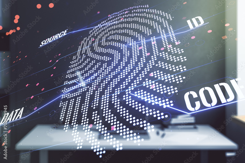 Poster multi exposure of creative fingerprint hologram and modern desktop with laptop on background, person