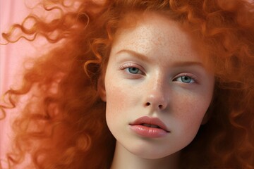 Fototapeta premium Close up portrait of woman with mesmerizing peach fuzz hair on pastel peach background