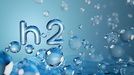 Dreidimensionaler Schriftzug 'H2' mit Blasen auf blauem Grund