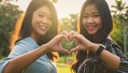 Two Young women make shape heart their hands - obrazy, fototapety, plakaty