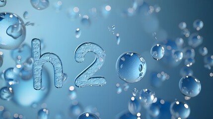 Dreidimensionaler Schriftzug 'H2' mit Blasen auf blauem Grund - obrazy, fototapety, plakaty