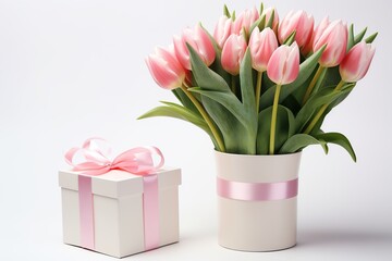 Gift box with ribbon bow and bouquet of tulips on white background. Mother's Day concept