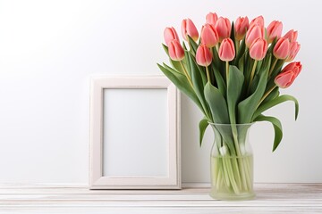 Blank photo frame with bouquet tulip flowers on wooden background