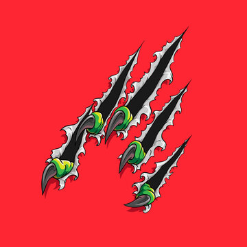 Claws dragon , dinosaur, monster tearing and scratching paper, metal, plastic backgrounds. Vector art illustration.