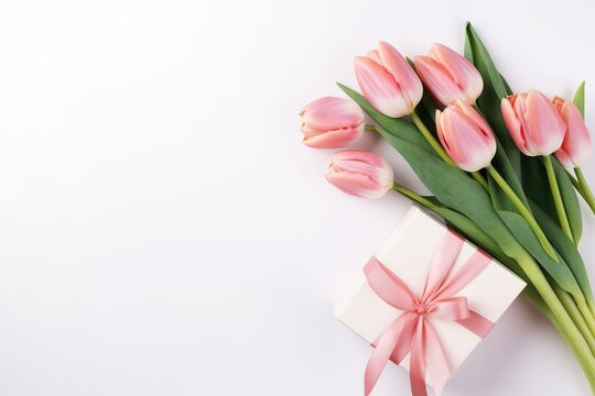 Flat lay of gift box with ribbon bow and bouquet of tulips on white background. Mother's Day concept