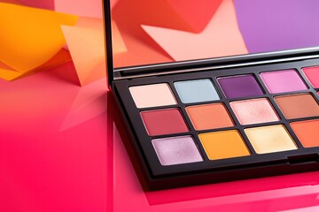 Obraz na płótnie Canvas Makeup eyeshadow palette with mirror on colorful background. Cosmetic products