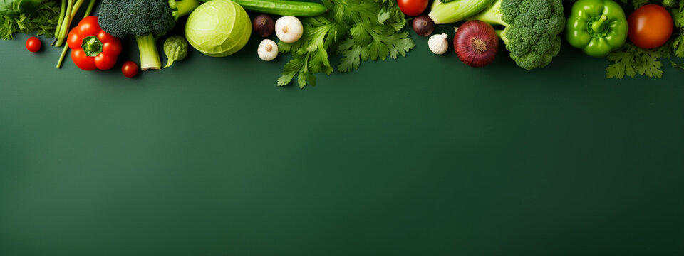 Fresh organic vegetables on green background top and bottom place for text.Generative AI