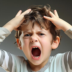 Portrait of screaming angry kid, grey background, AI Generated