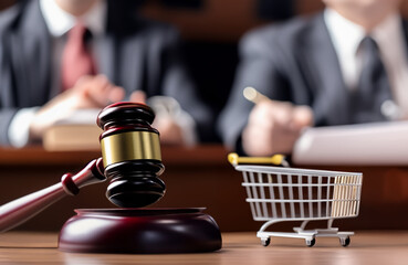Trial Process in court. Grocery basket in courtroom with Mallet of judge. Justice in courthouse. Judge hammer with Shopping cart as Consumer basket in trade union. Inflation, Consumer Price Index - obrazy, fototapety, plakaty