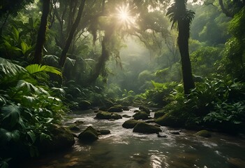 Fototapeta na wymiar AI generated illustration of a picturesque scene featuring a sun-kissed jungle setting