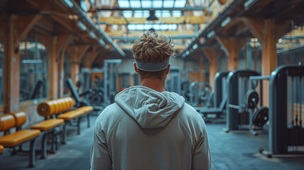 Fototapeta na wymiar Back view of a personal trainer wearing sports clothing in a gym. Fitness professional, workout clothing, indoor gym, exercise trainer, athletic trainer, health and fitness.