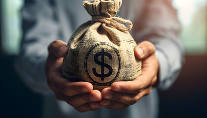 Businessman holding money bag with USD dollar sign for give dividend return profit from investment funding and stock market , Financial and accounting concept - obrazy, fototapety, plakaty