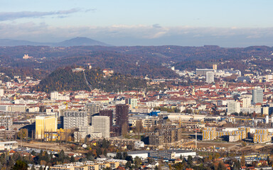 Fototapeta na wymiar City view of Graz, Austria with the new Reininghaus residential district