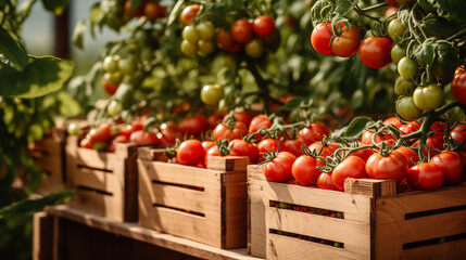 tomatoes in a wooden box with green leaves. Organic healthy food. - obrazy, fototapety, plakaty