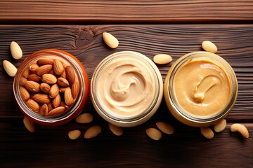 Glass jars of hazelnut, cashew and almonds butter on wooden background
