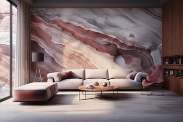 Rustic living room with modern furniture and vibrant art mural in crystalline style, 3d texture