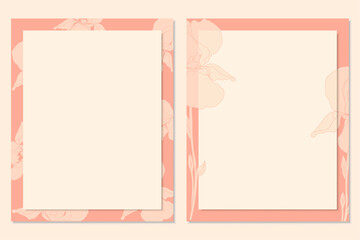 Set of two botanical backgrounds in peach colors.    Delicate flowers in the design of storizas. Monochrome images for post. Design of postcard, invitations, flyers. 