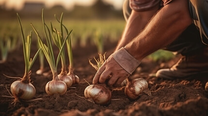 onion in hands harvesting. farmer harvests fresh organic onion - obrazy, fototapety, plakaty