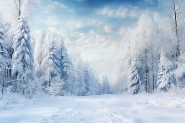 Obraz premium Snowy winter road in forest. Beautiful winter landscape