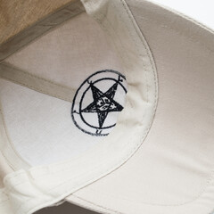 Beige baseball cap with embroidered pentagram and 666. Occult, Satan, Devil, Baphomet. Mythology,...