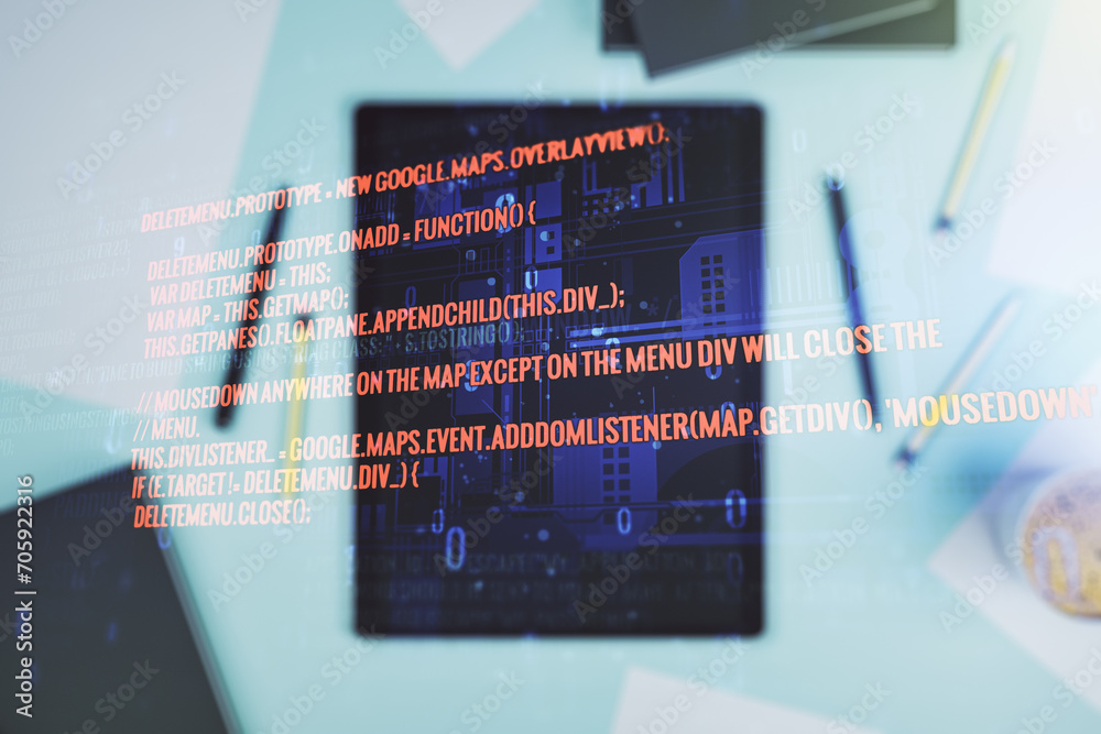 Poster double exposure of abstract programming language hologram and digital tablet on background, top view