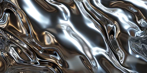 Fotobehang Close up texture of liquid shiny metal in silver gray color with highlights and shimmers. Liquid metallic texture, backdrop for web promotion. 3d rendering illustration. © SnowElf