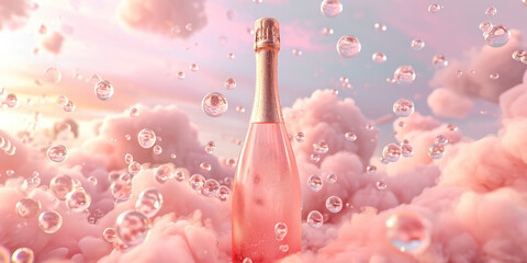 Pink champagne bottle with clean label for product design against pastel fluffy clouds and sky. Creative concept of pink sparkling wine. 3d render illustration.	
