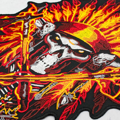 Embroidered patch burning skull of an Indian chief. Accessory for rockers, metalheads, punks, goths.
