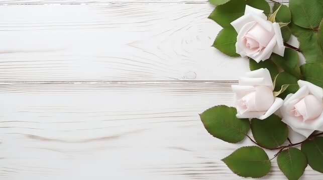 White rose and green leaves on white wooden background