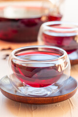 Red tea karkade or hibiscus in glass cups, vertical