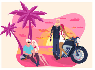 Two men and two women relaxing by a motorcycle on the beach at sunset. Biker friends enjoying summer vacation. Tropical getaway and friendship vector illustration.