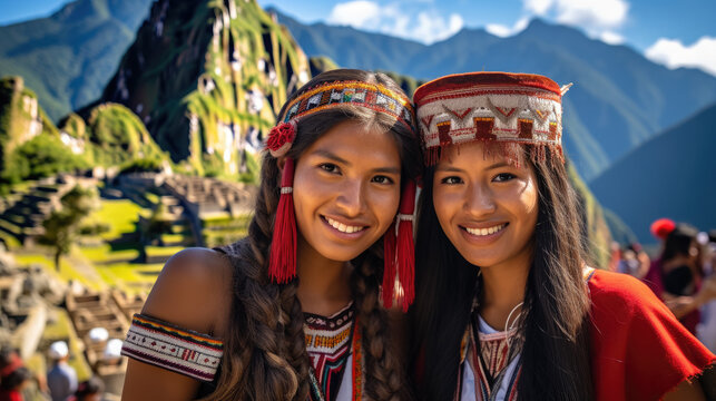 Peruvian women in national clothes against the background of Machu Picchu in Peru, ancient architecture, South American Indian, dark elderly girls in a hat and woolen poncho, tourism, travel