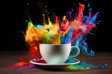 From the coffee cup emerges an explosion of vibrant colorful aerosol, creating a stunning visual contrast. powder paints. - obrazy, fototapety, plakaty