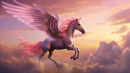 Obraz na płótnie Canvas Flying horse with wings in the sky at sunset in the clouds,Pink Unicorn Above The Clouds