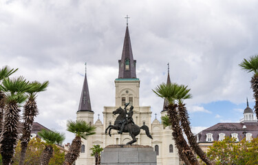 Fototapeta na wymiar Facade of the Cathedral of St Louis, King of France with statue of Andrew Jackson in the French Quarter of New Orleans in Louisiana