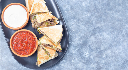 Fajita quesadilla with pieces of beef steak, green bell pepper, onion, cheese, top view, copy space