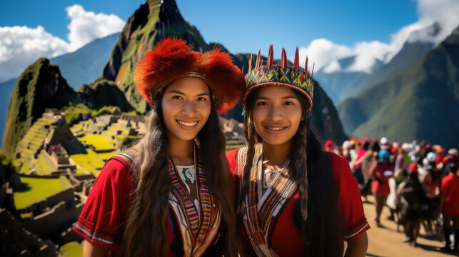 Peruvian women in national clothes against the background of Machu Picchu in Peru, ancient architecture, South American Indian, dark elderly girls in a hat and woolen poncho, tourism, travel
