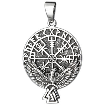 Silver pendant. Helmet of horror. Runic compass, futhark, runes, ravens and wolves of one. Viking style. Nordic tradition. Amulet. Valknut. Asatru Valhalla and Asgard.