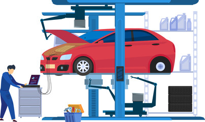 Auto mechanic working on a diagnostic computer next to a lifted red car in a garage. Car repair and maintenance services vector illustration.