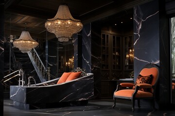 Naklejka premium Luxurious high end modern bathroom with peach fuzz color, elegant finishes, and statement pieces