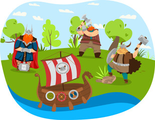 Obraz na płótnie Canvas Three cartoon vikings near a drakkar on riverbank. Vikings with axes and helmet, campsite tent. Medieval Norse warriors, Viking adventure. Vector illustration