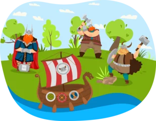 Foto op Plexiglas Three cartoon vikings near a drakkar on riverbank. Vikings with axes and helmet, campsite tent. Medieval Norse warriors, Viking adventure. Vector illustration © Seahorsevector