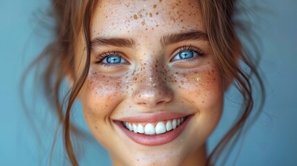 Beautiful woman smiling covered in colorful paint, bright blue eyes, happy - obrazy, fototapety, plakaty