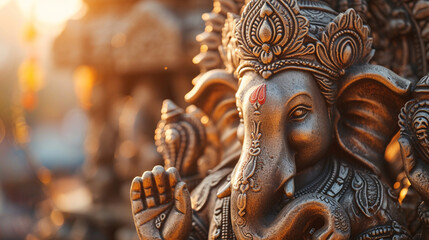 A close-up of Lord Ganesha's intricately carved idol, bathed in the warm glow of twilight, capturing the details of every delicate curve and embellishment. - obrazy, fototapety, plakaty