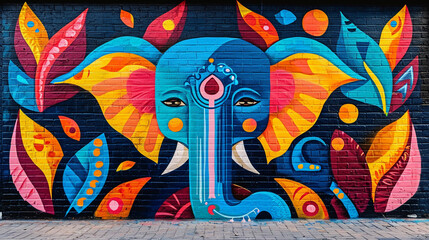 A vibrant street mural portraying the lively spirit of Ganesh Chaturthi, with bold colors and dynamic shapes depicting the joyous celebrations and cultural significance.