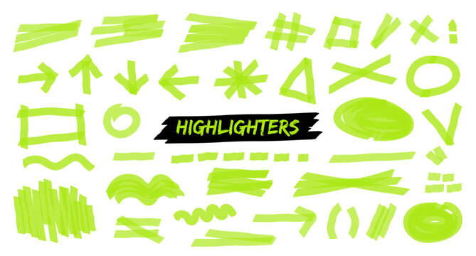Set of hand drawn highlight brush lines, shapes, elements. isolated vector objects on white background. Doodle neon green strokes of marker. Acid highlighters marker stripes, underlines for any use.