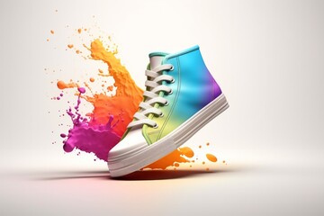 Colourful sneaker illustration. Bright multi-colored running shoes on a white background with a splash of color paint. Sport shoes advertising banner concept. - obrazy, fototapety, plakaty
