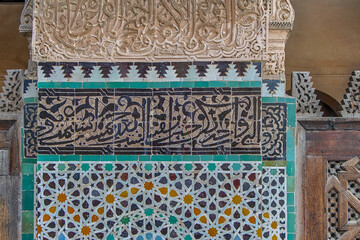 Fez, Morocco. Unique Moroccan arts on the wall in Medersa Bou Inania.