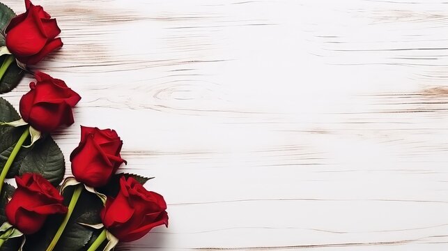 Red roses on white wooden background. Top view. Valentines day background