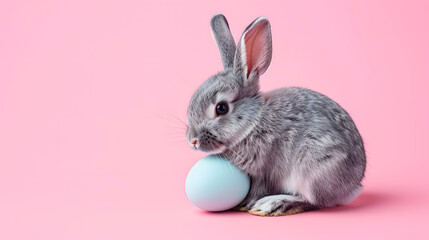 Naklejka na ściany i meble An Easter bunny with an egg on a pink background. 